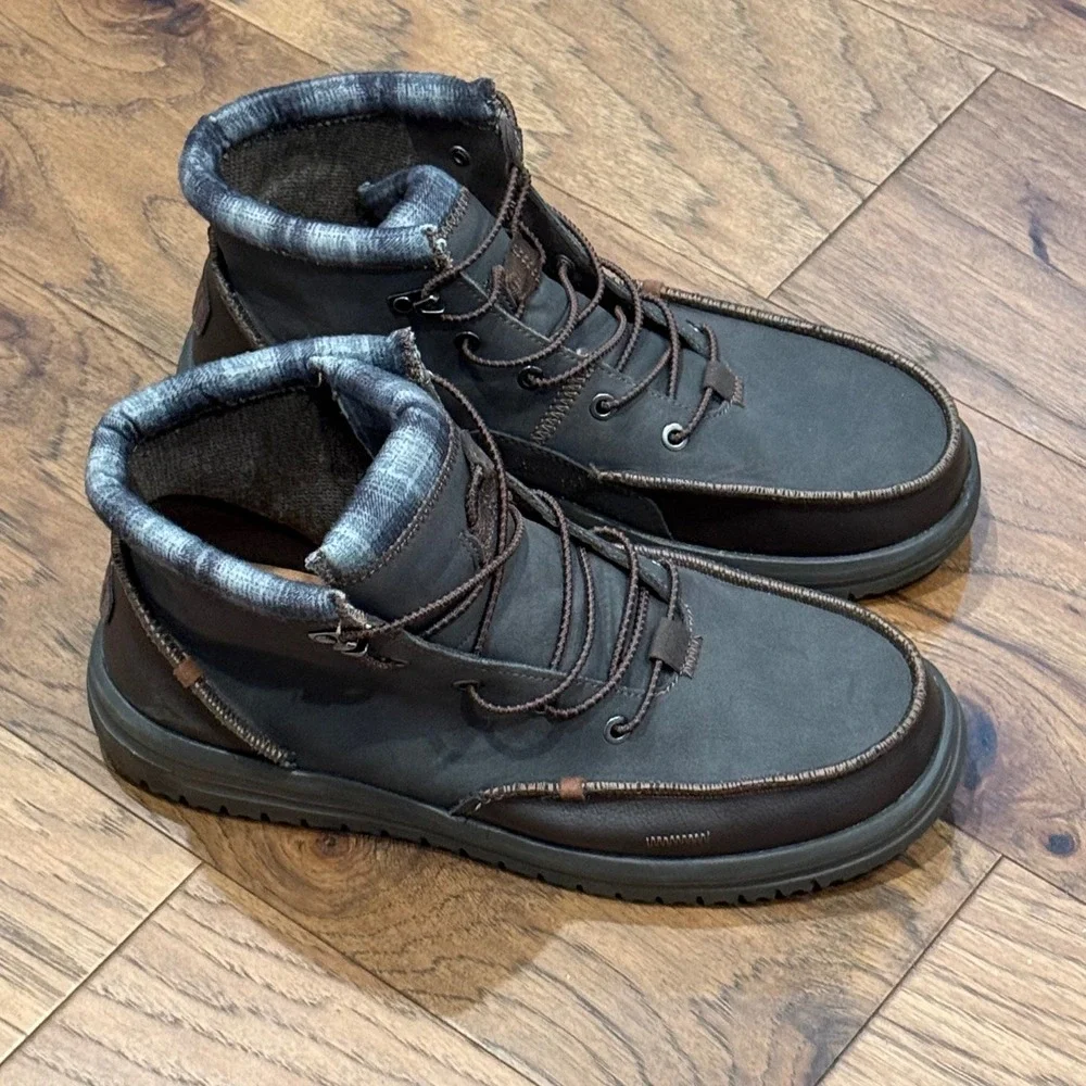 Hey Dude Bradley Classic Mens Boots Brown Grey Plaid Flannel Lined Size 11